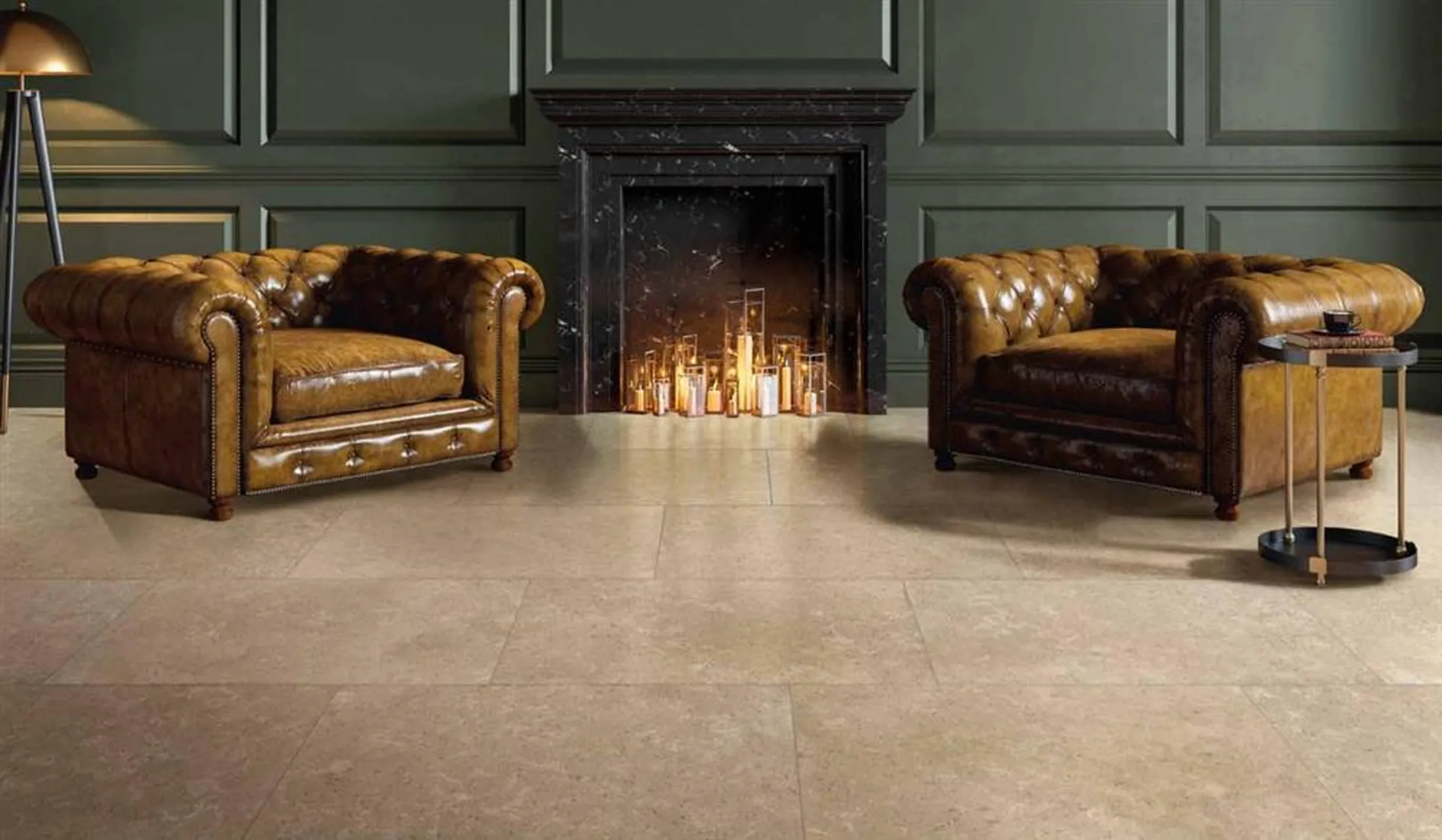 Limestone-effect floor in a panelled sitting room with a lit fireplace
