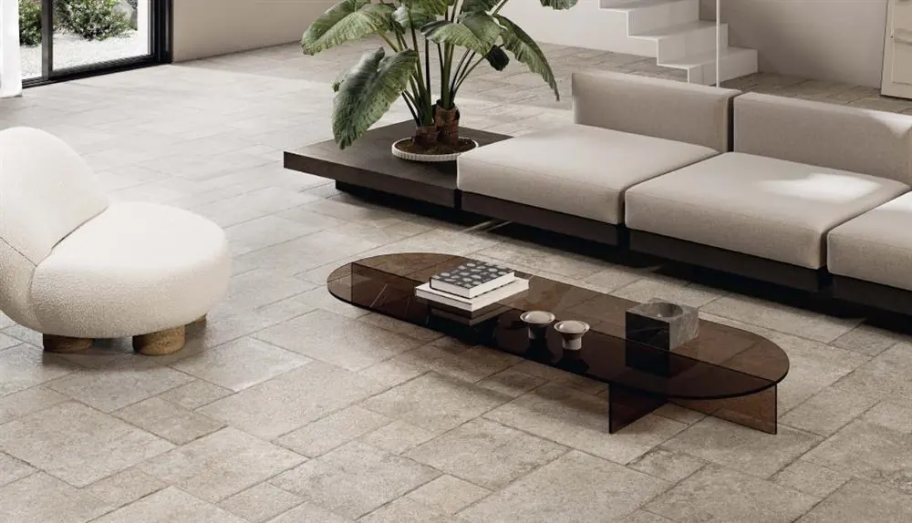 Large-format stone-effect porcelain in a living room