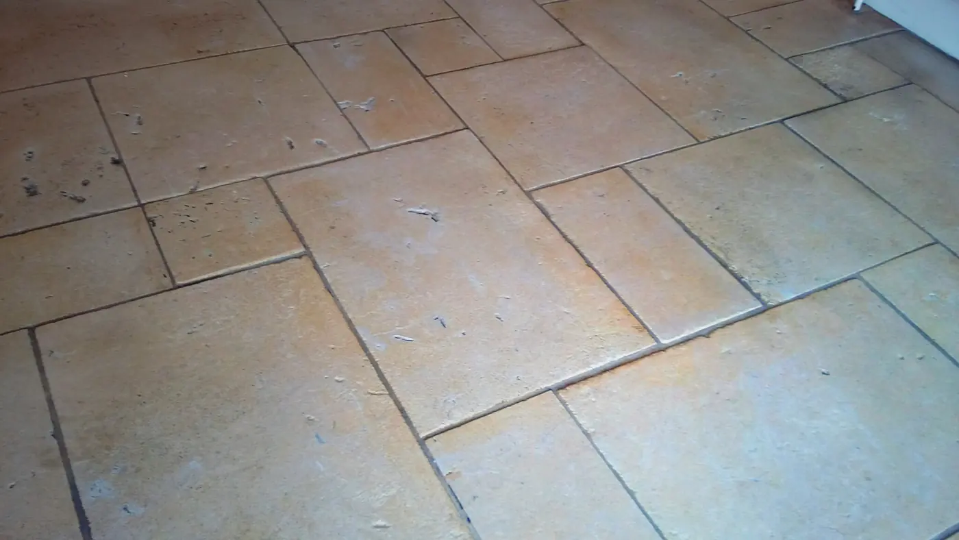 A limestone floor after cleaning and resealing